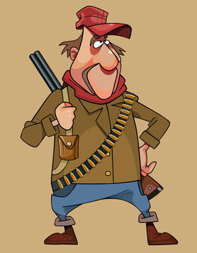 cartoon male hunter with a double barreled rifle and cartridge