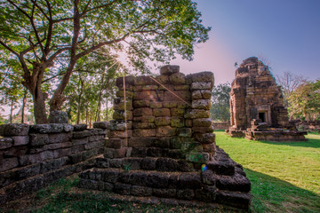 The background of old buildings that have been built for a long time, made of clay bricks, made into a church, temples (Wat Ku Prapachai), religious attractions, Khon Kaen, Thailand 