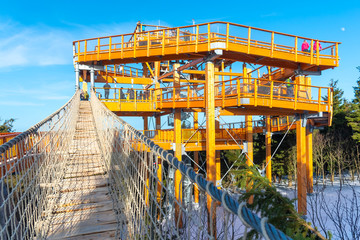 Tourists watching nature and walking on a new wooden lookout tower or sky walking in trees in...