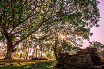 The background of old buildings that have been built for a long time, made of clay bricks, made into a church, temples (Wat Ku Prapachai), religious attractions, Khon Kaen, Thailand 