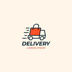 Fast shipping delivery truck with shopping bag. Vector logo icon for apps and websites