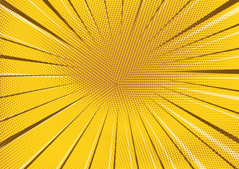 Abstract yellow radial dotted background with circle of brown stripes. Bright warm sunny pop art texture for wallpaper, banner or presentation design