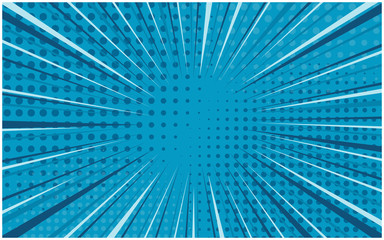 Obraz premium Bright blue striped retro comic background with dotted halftone corners. Cartoon turquoise background with dark and light stripes and half tone pattern for comics book, advertising design, poster