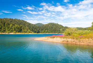 Beautiful lake shore and colorful mountain landscape, Lokve, Gorski kotar, Croatia