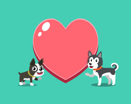 Cartoon character boston terrier dog and siberian husky dog with big heart for design.
