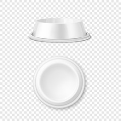 Vector Realistic White Blank Plastic or Metal Pet Bowl Icon Set, Mock-up Closeup Isolated on Transparent Background. Design Template of Bowl for Pet, Cat, Animal Food for Mockup. Front and Top View