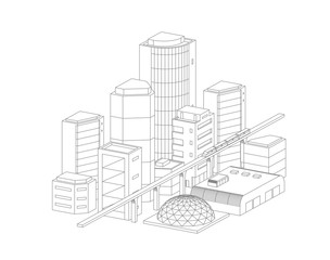 City landscape drawing. Modern architecture, buildings. Train crossing the light rail subway. Gray lines outline contour style background monochrome