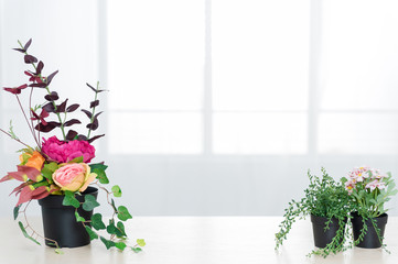 There are beautiful flowers and various objects in front of big living room windows.