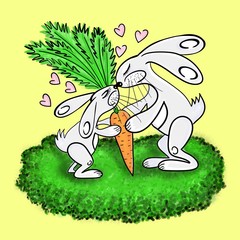 Rabbits give carrots to each other - illustration