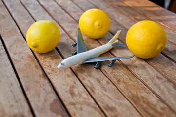 Plastic toy model plane surrounded by yellow lemons