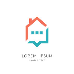 Fototapeta premium Home and talk logo - house with chimney and chat or message symbol. Realty and estate agency, discussion, conversation and communication vector icon.