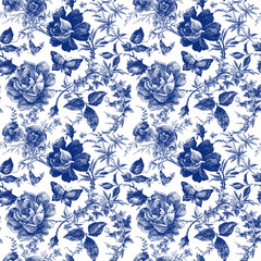 Fototapety  bezszwowa konstrukcja z kwiatami róż. Bajkowy las. ręcznie rysowane grafiki linii vintage wzór botaniczny. projektowanie tkanin modowych w kolorze indygo. ilustracja kwiatowy