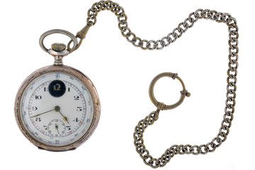 Vintage pocket watch with chain isolated on white background.