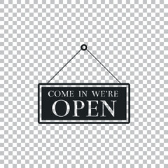 Hanging sign with text Come in we're open icon isolated on transparent background. Business theme for cafe or restaurant. Flat design. Vector Illustration