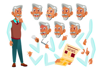 Arab, Muslim Old Man Vector. Senior Person. Aged, Elderly People. Face Emotions, Various Gestures. Animation Creation Set. Isolated Flat Cartoon Character Illustration
