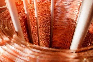 Production of copper wire, bronze cable in reels at factory