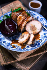 Chicken Breast Roll in Bacon.selective focus