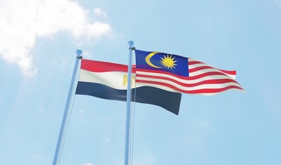 Malaysia and Egypt, two flags waving against blue sky. 3d image