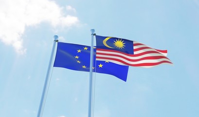 Malaysia and European Union, two flags waving against blue sky. 3d image