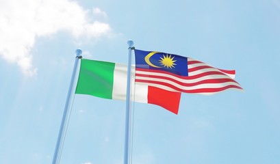 Malaysia and Italy, two flags waving against blue sky. 3d image