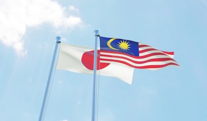 Malaysia and Japan, two flags waving against blue sky. 3d image
