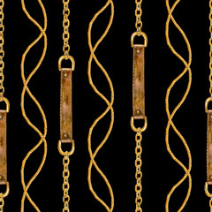 Golden chain glamour seamless pattern illustration. Watercolor texture with golden chains and leather belts.