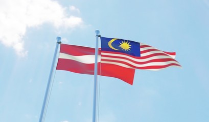 Malaysia and Latvia, two flags waving against blue sky. 3d image