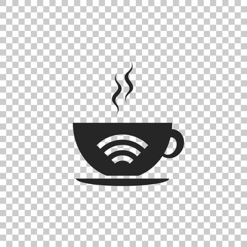 Cup of coffee shop with free wifi zone icon isolated on transparent background. Internet connection placard. Flat design. Vector Illustration