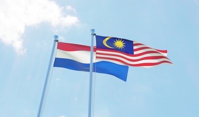 Malaysia and Netherlands, two flags waving against blue sky. 3d image
