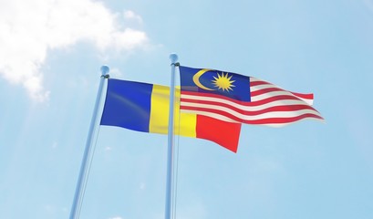 Malaysia and Romania, two flags waving against blue sky. 3d image