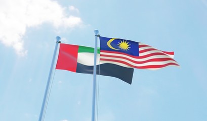 Malaysia and UAE, two flags waving against blue sky. 3d image