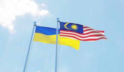 Malaysia and Ukraine, two flags waving against blue sky. 3d image