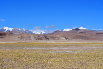 China, Tibetan plateau. Blue sky over the TRANS-Himalayas on the way from Ringtor to Yakra in June in sunny day