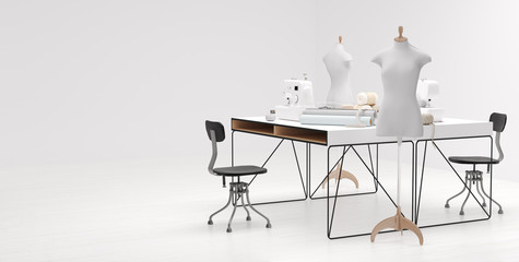 Bright atelier studio  with various sewing items, fabrics and mannequins standing, 3d render - obrazy, fototapety, plakaty