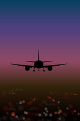 Fototapeta na wymiar airplane on the background lights of the night city bokeh effect top view at sunset