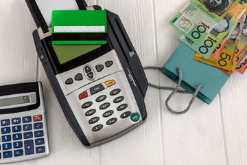 Banking terminal with credit card and australian dollars