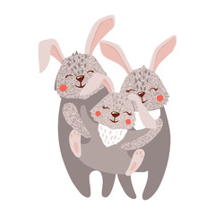 Cute hand drawn happy hare family on white.