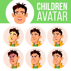 Asian Boy Avatar Set Kid Vector. High School. Face Emotions. Flat, Portrait. Youth, Caucasian. Cartoon Head Illustration