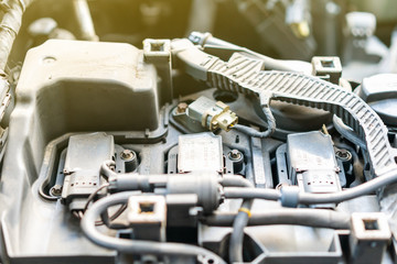 close up detail of old and dirty automobile power engine by take off cover crankcase prepare for check or repair at garage