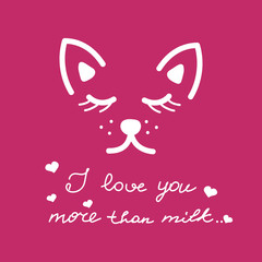 Vector illustration with white cute cat and inscription. Girlish background. Can be used for print on clothes, wrapping paper, web or design of banners. EPS10.
