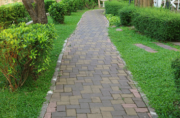 Fototapeta na wymiar Stone Block Paved Walkway in the Greenery Garden