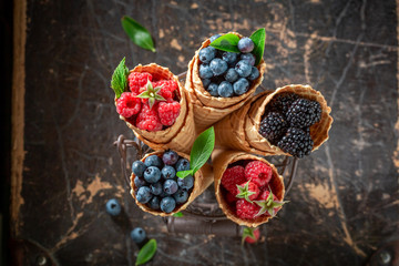 Juicy berries in waffels as homemade ice cream