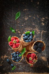 Fresh berries in waffels as ice cream concept