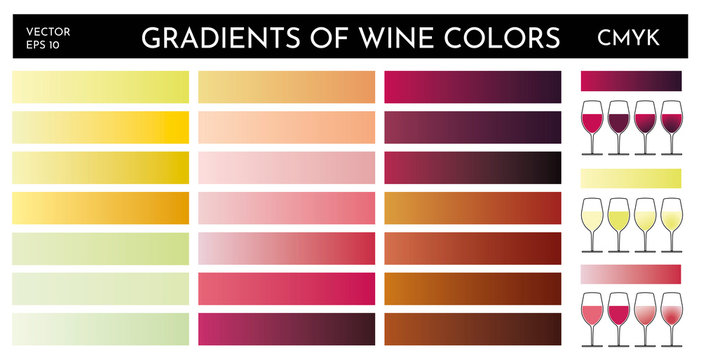 Example of gradients of wine colors. Tones of different types of wine, red, white and pink. Graphic elements for designers.
