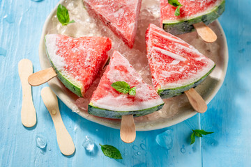 Fresh ice cream made of watermelon on cold ice