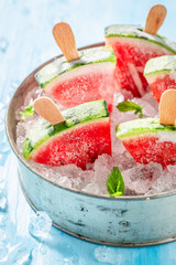 Homemade ice cream made of watermelon on cold ice
