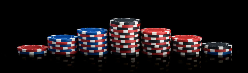 poker chips neatly exhibited by a pyramid on a black background, long photo