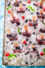 Delicious ice cream with berries on cold ice