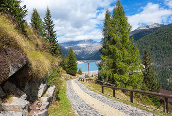 View of the dam and the lake Bissina. Lago di Malga Bissina.