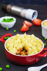 Homemade shepherd's pie on wooden background